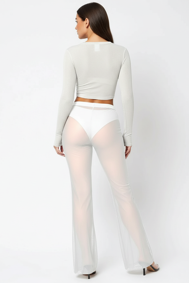 Pantalon Blanc Transparent Évasé Taille Haute Sexy - Polyester