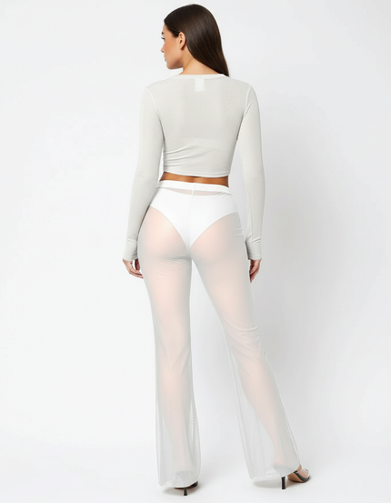Pantalon Blanc Transparent Évasé Taille Haute Sexy - Polyester