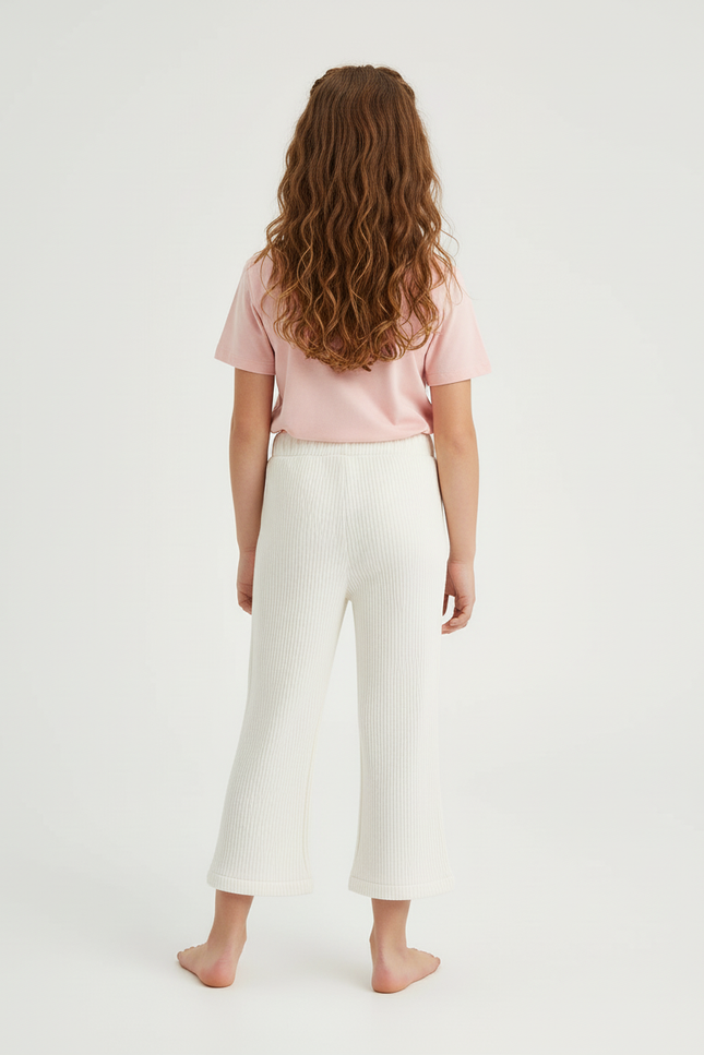 Pantalon Blanc Côtelé Fille Décontracté Fendu Ample - Maille - vue 2