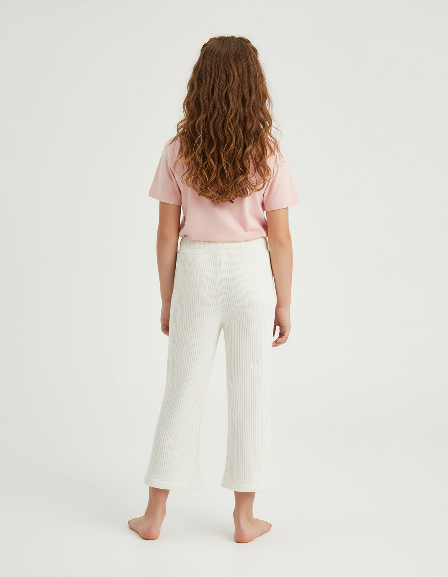 Pantalon Blanc Côtelé Fille Décontracté Fendu Ample - Maille - vue 2