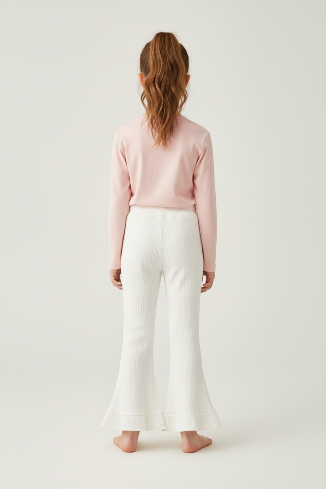 Pantalon Blanc Évasé Côtelé Volants Fille - Maille - vue 2