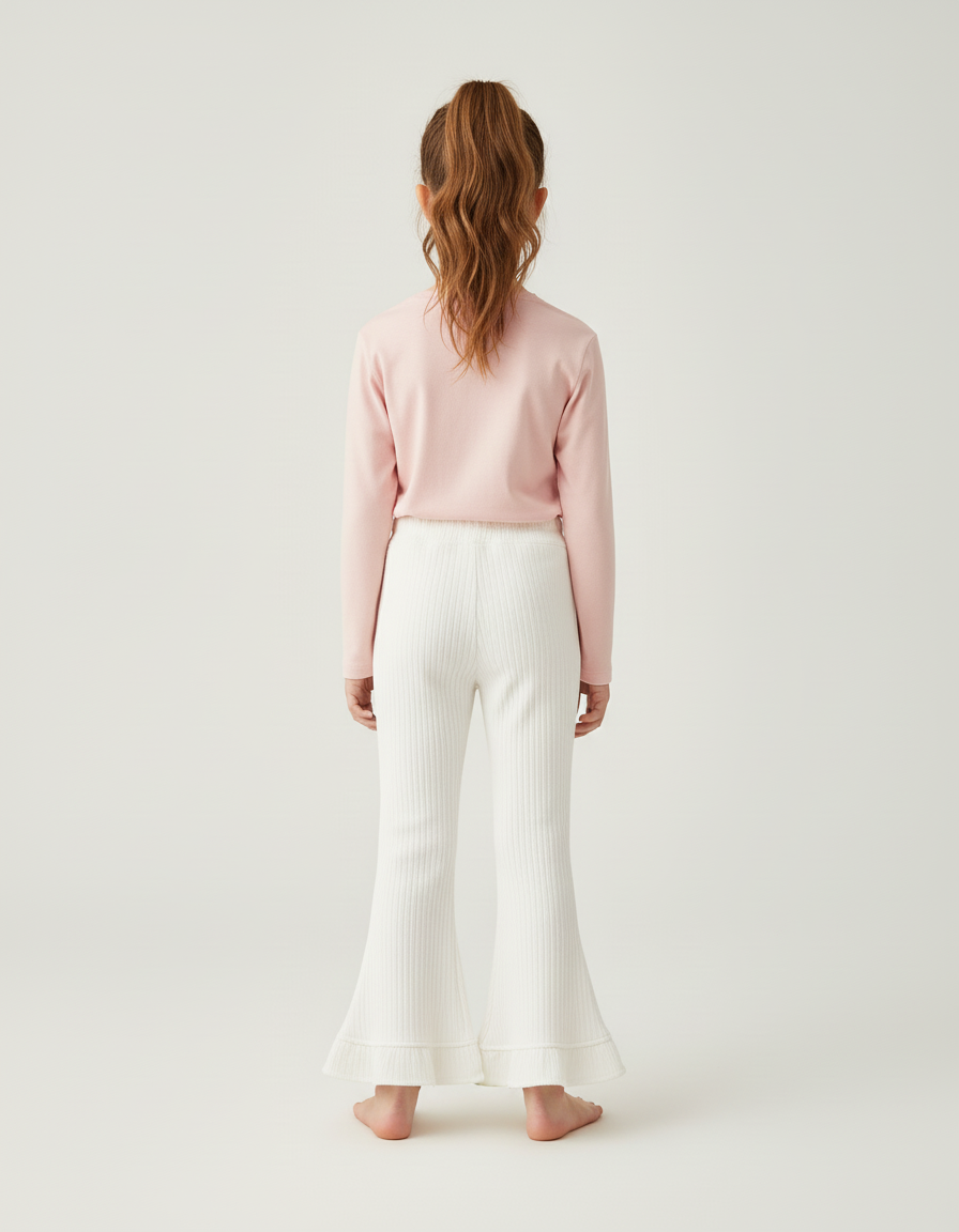 Pantalon Blanc Évasé Côtelé Volants Fille - Maille - vue 2