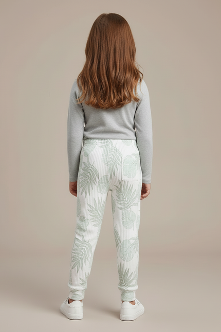 Pantalon Blanc Côtelé Imprimé Feuilles Fille Confortable - Maille - vue 2