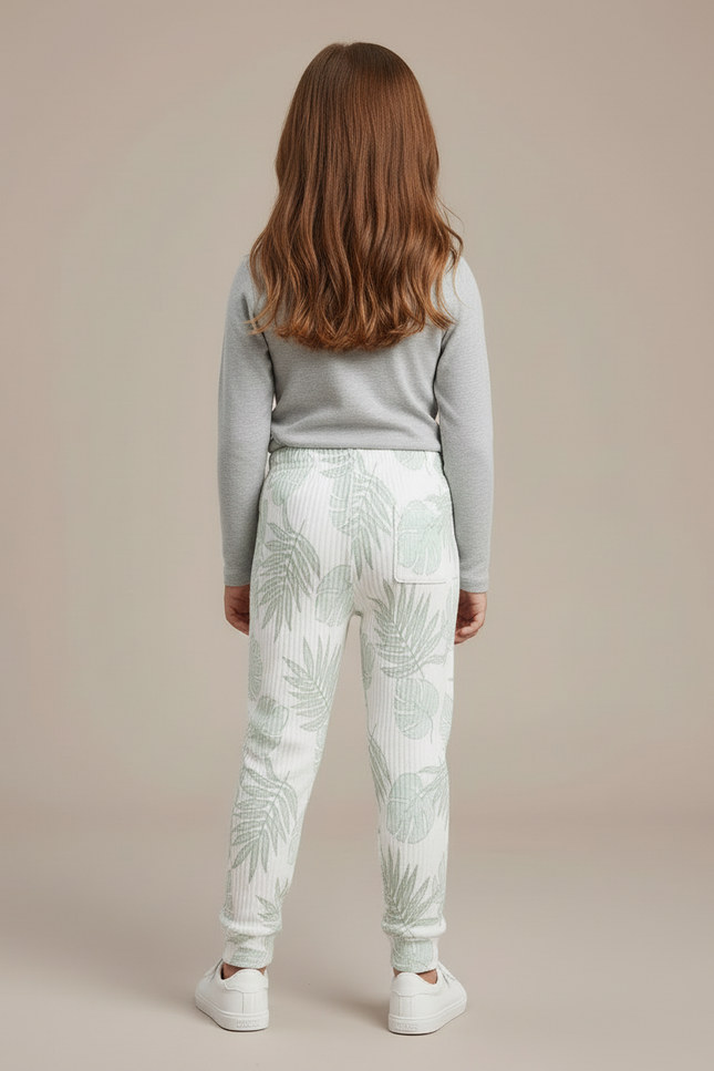 Pantalon Blanc Côtelé Imprimé Feuilles Fille Confortable - Maille - vue 2