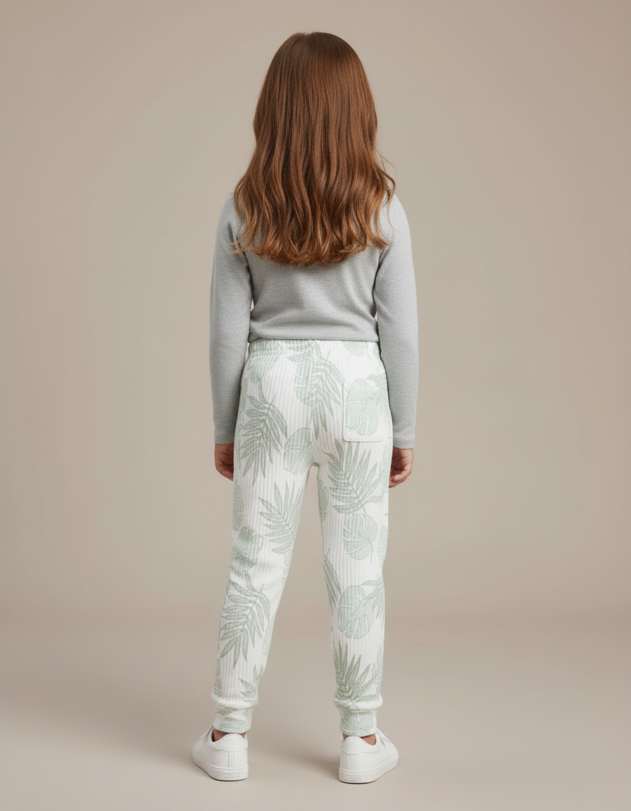 Pantalon Blanc Côtelé Imprimé Feuilles Fille Confortable - Maille - vue 2