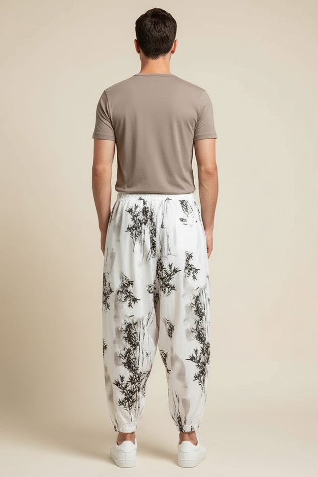 Pantalon Blanc Harem Imprimé Bambou Homme Décontracté - Viscose - vue 2