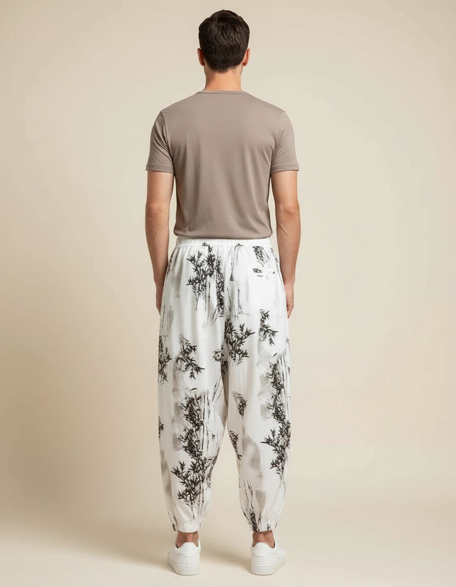 Pantalon Blanc Harem Imprimé Bambou Homme Décontracté - Viscose - vue 2
