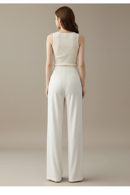 Pantalon Blanc Droit Ample Fluide Élégant Femme - Polyester - vue 2