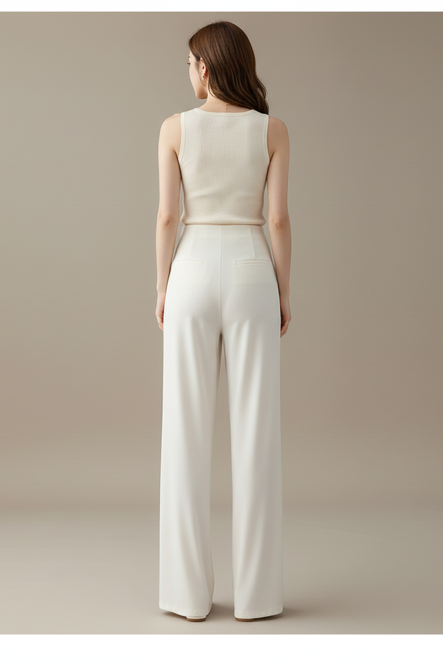 Pantalon Blanc Droit Ample Fluide Élégant Femme - Polyester - vue 2