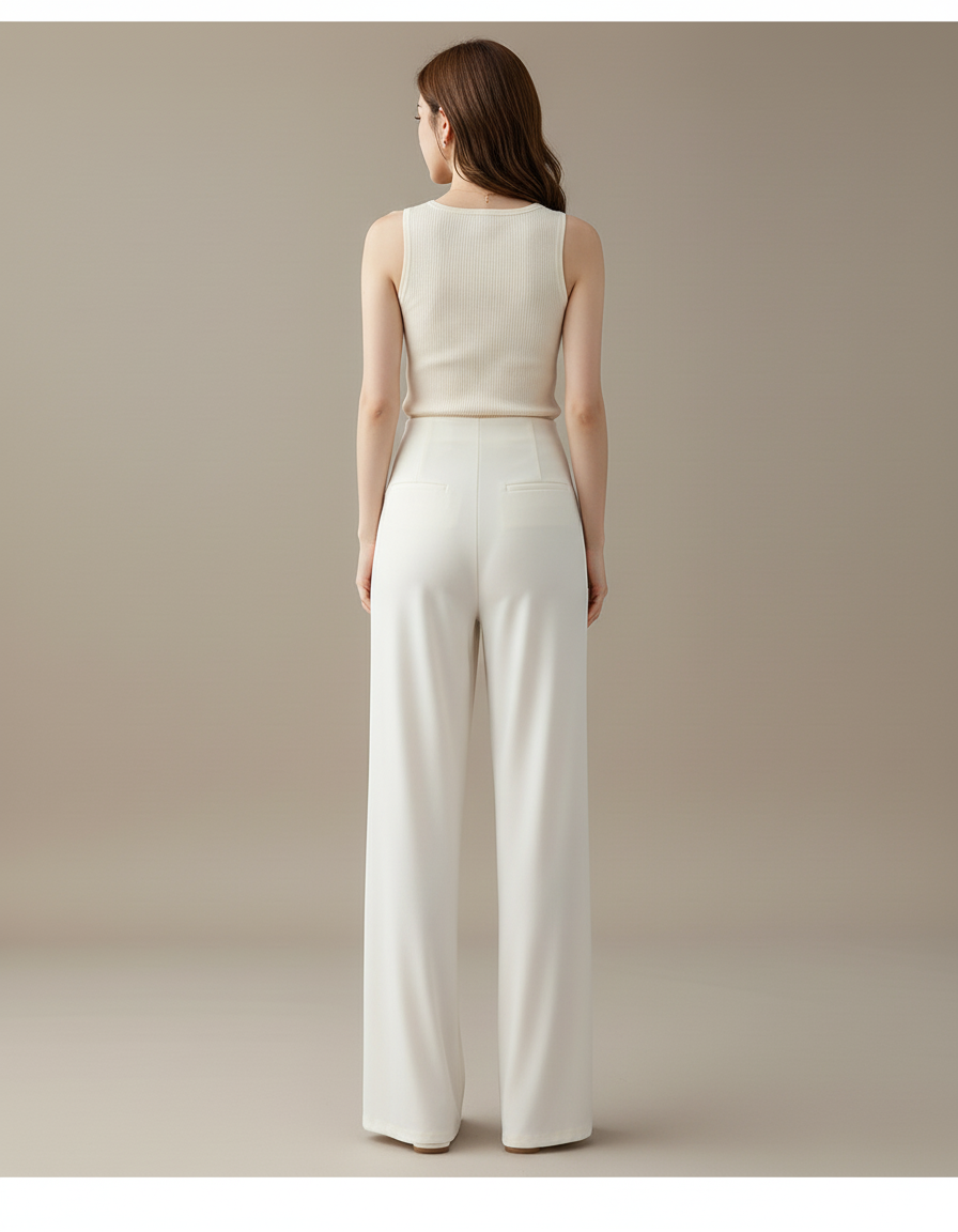 Pantalon Blanc Droit Ample Fluide Élégant Femme - Polyester - vue 2