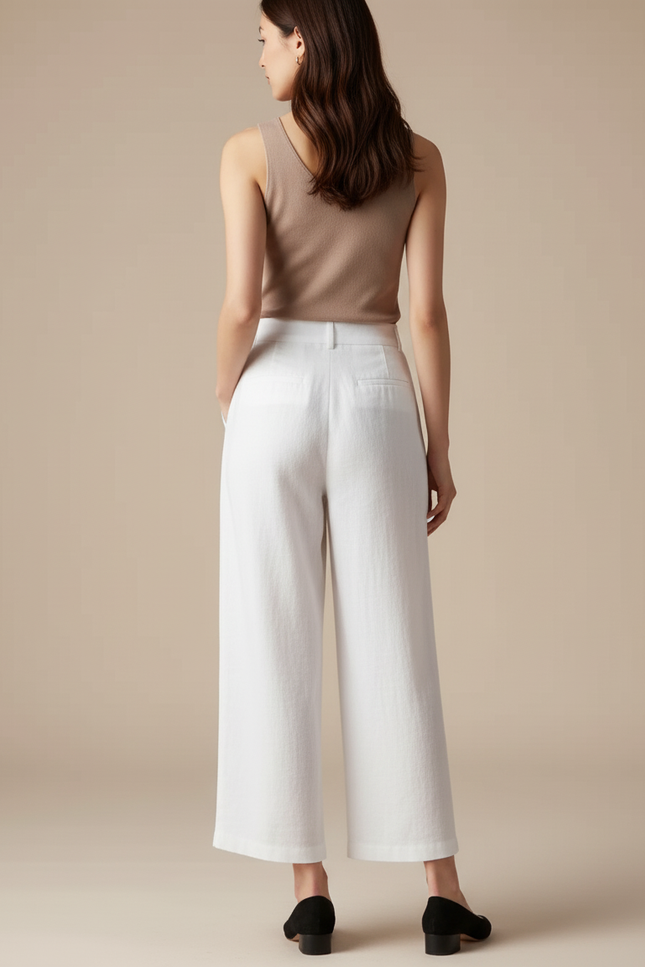 Pantalon Blanc Ample Lin Taille Haute Décontracté - vue 2