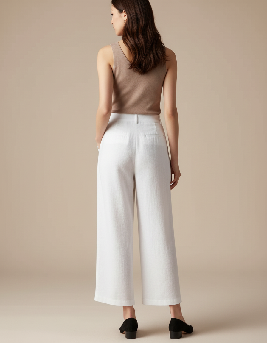 Pantalon Blanc Ample Lin Taille Haute Décontracté - vue 2