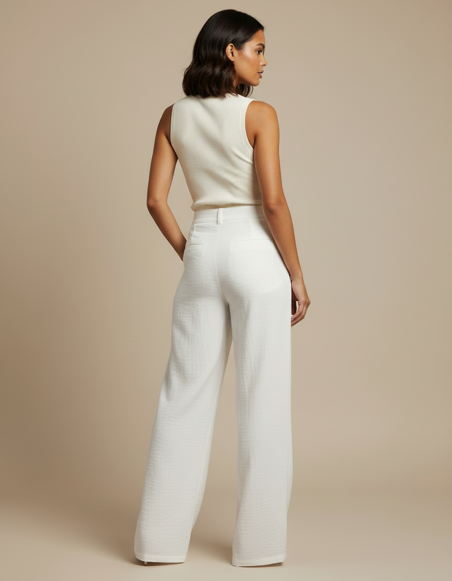 Pantalon Blanc Fluide Ample Taille Haute Décontracté - Viscose - vue 2