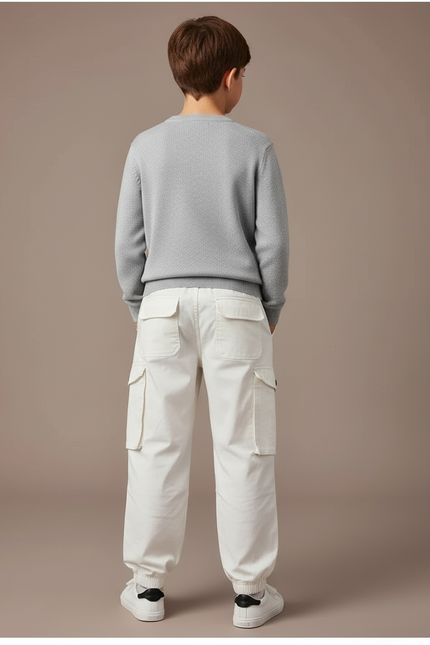 Pantalon Blanc Cargo Ample Coton Enfant Garçon - Toile - vue 2