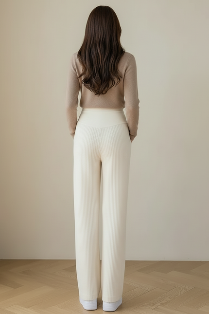 Pantalon Blanc Côtelé Ample Taille Haute Femme - Maille - vue 2