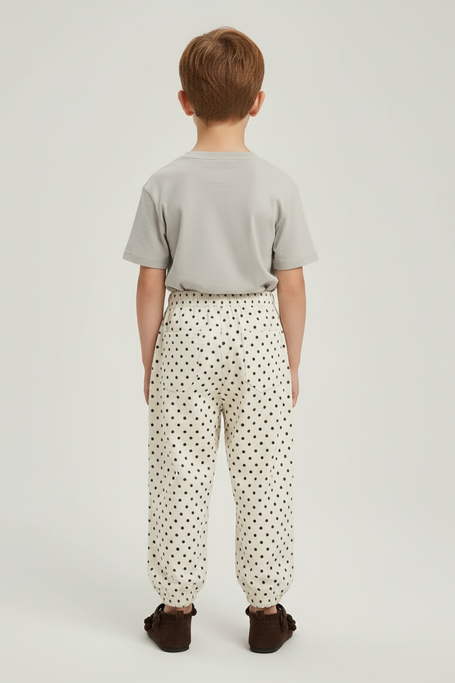 Pantalon Blanc Côtelé Ample Pois Décontracté Enfant - Beige Cordé - vue 2