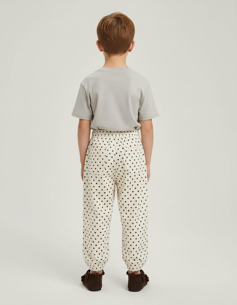 Pantalon Blanc Côtelé Ample Pois Décontracté Enfant - Beige Cordé - vue 2