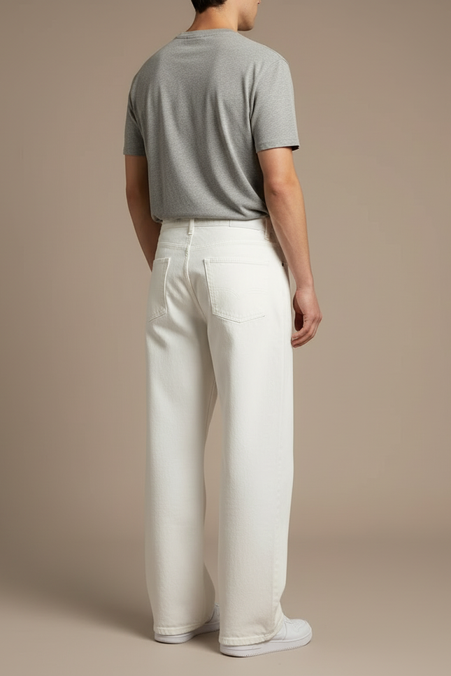 Pantalon Blanc Denim Ample Droit Décontracté Homme - Jean - vue 2