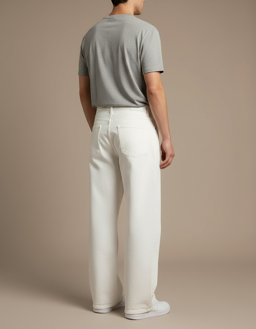 Pantalon Blanc Denim Ample Droit Décontracté Homme - Jean - vue 2
