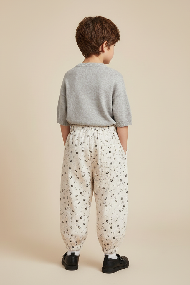Pantalon Blanc Côtelé Ample Imprimé Floral Enfant - Cordé - vue 2
