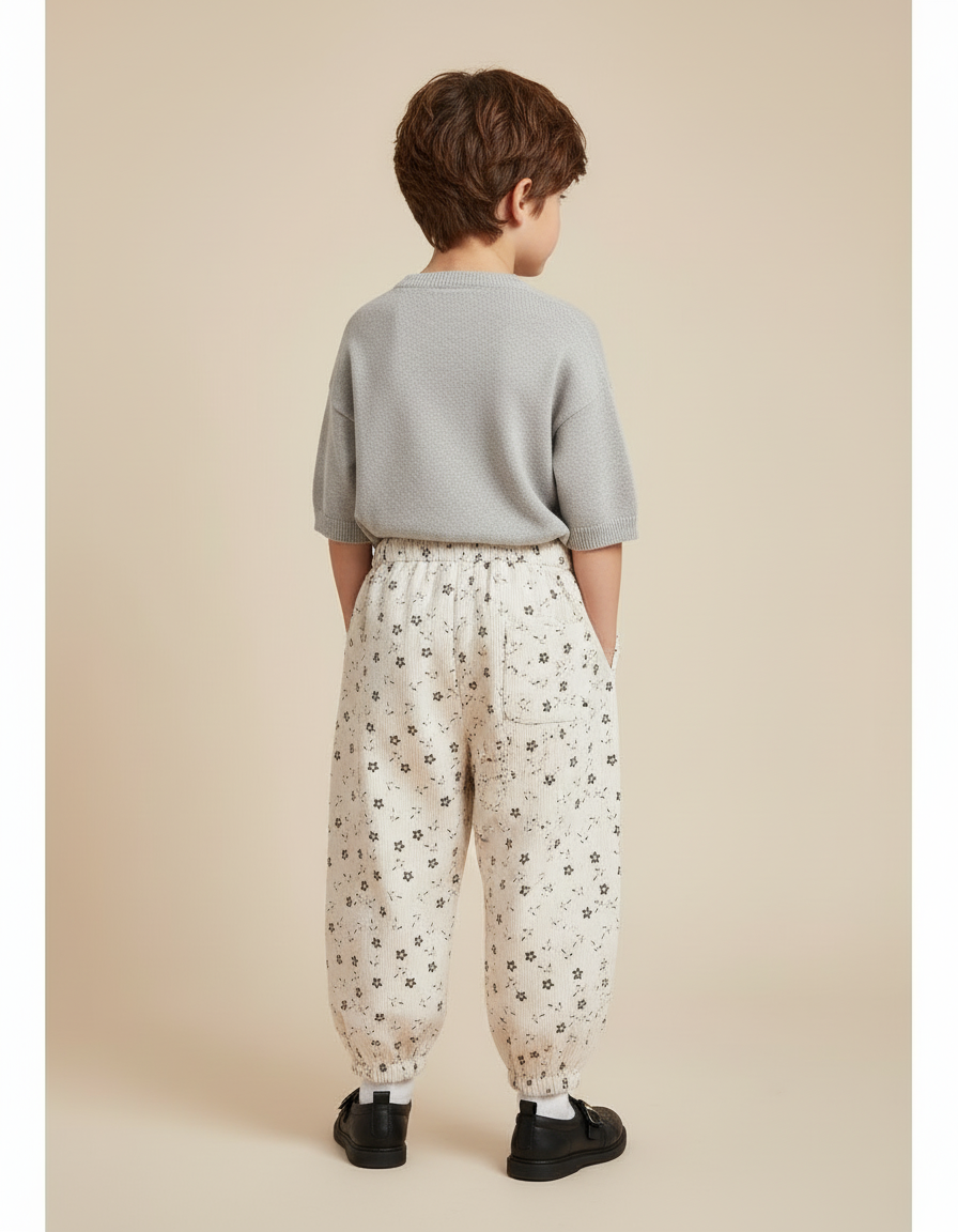 Pantalon Blanc Côtelé Ample Imprimé Floral Enfant - Cordé - vue 2