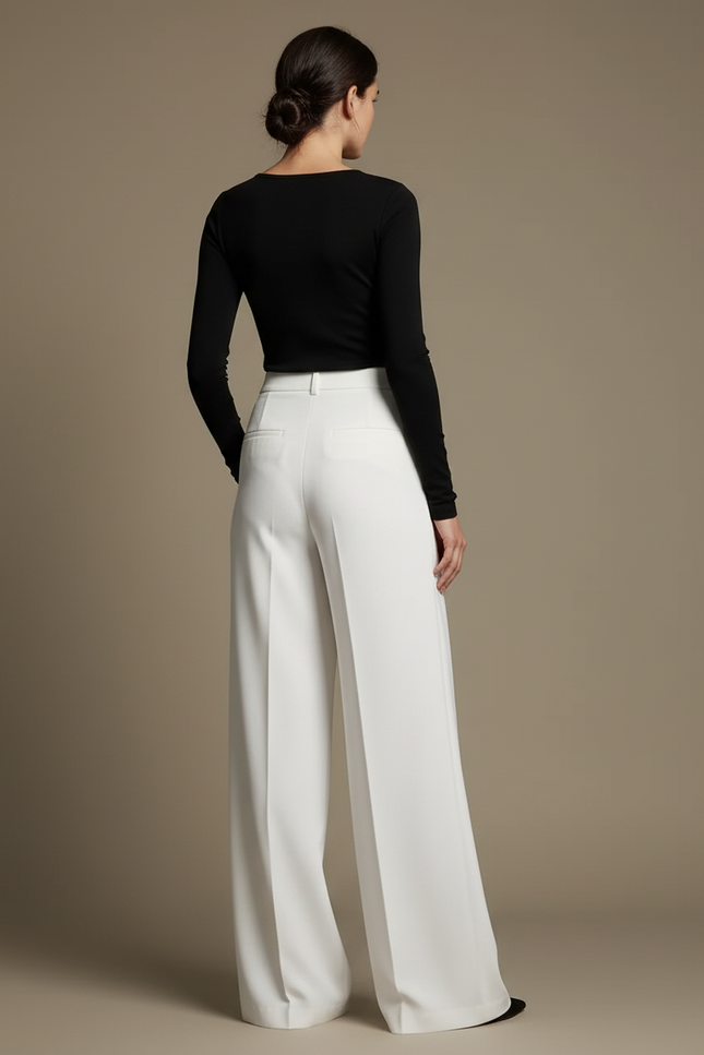Pantalon Blanc Ample Fluide Élégant Taille Haute - Polyester - vue 2
