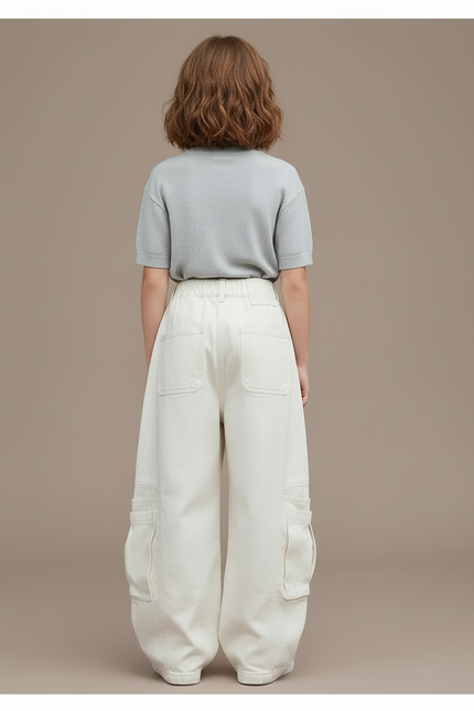 Pantalon Blanc Ample Cargo Décontracté Enfant Coton - Toile - vue 2