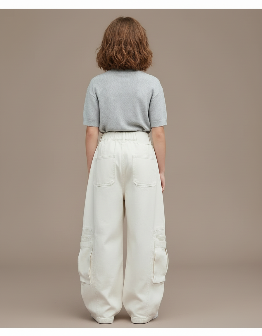 Pantalon Blanc Ample Cargo Décontracté Enfant Coton - Toile - vue 2