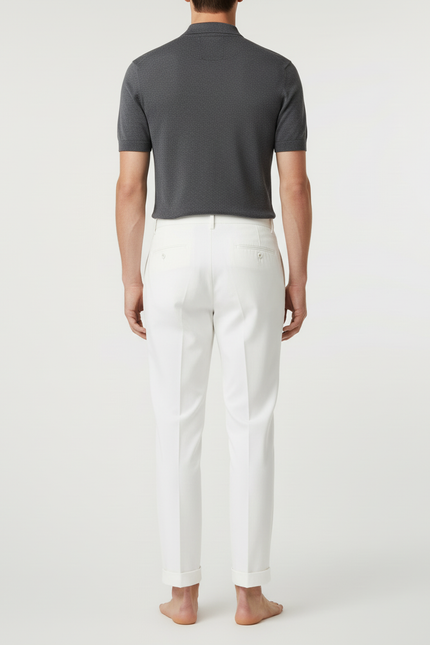 Pantalon Blanc Homme Droit Plissé Habillé Coton Élégant - Gabardine - vue 2
