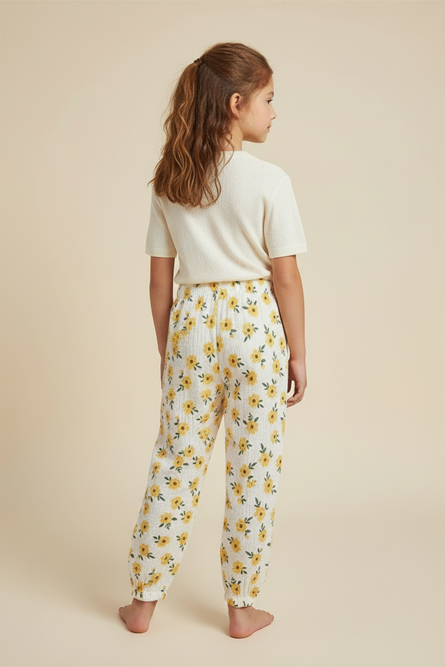Pantalon Blanc Mousseline Motif Floral Enfant Ample - Imprimé Coton - vue 2