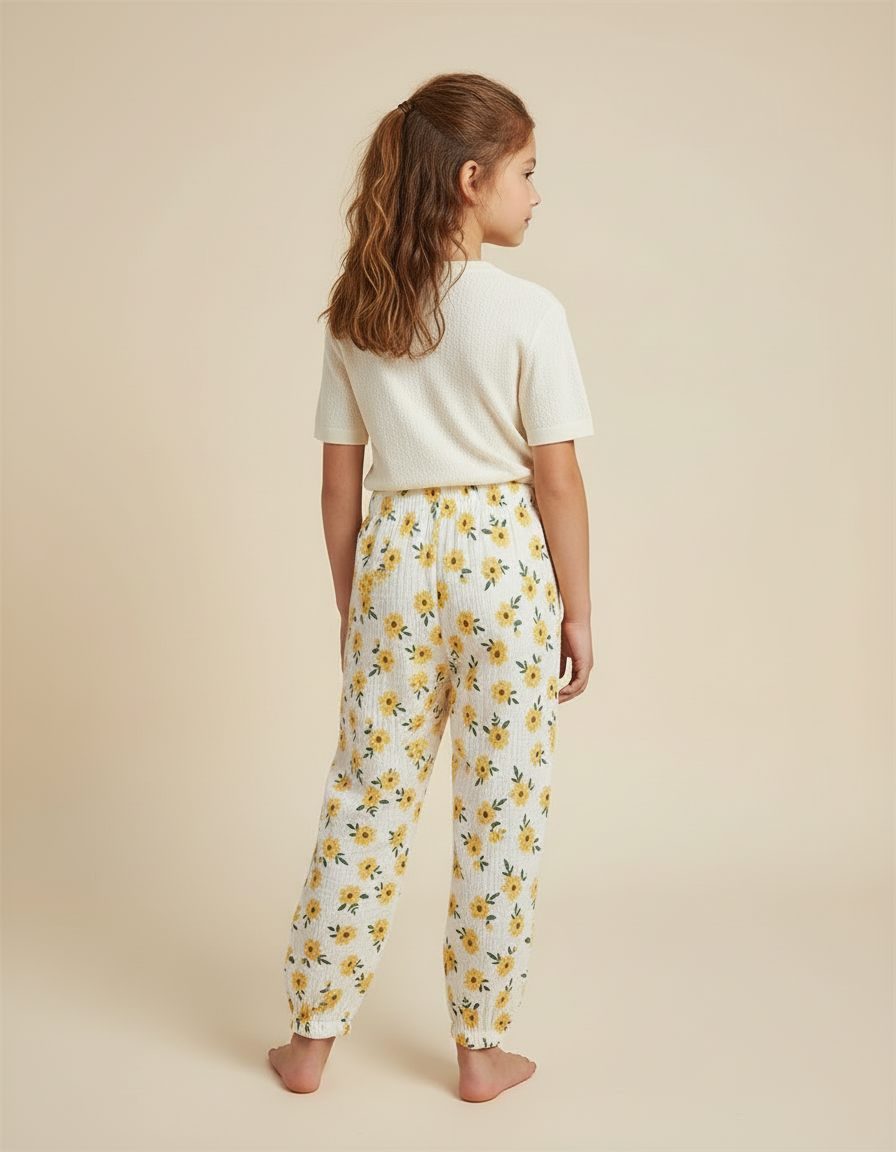 Pantalon Blanc Mousseline Motif Floral Enfant Ample - Imprimé Coton - vue 2