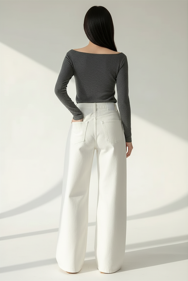 Pantalon Blanc Large Décontracté Taille Haute Femme - Jean - vue 2
