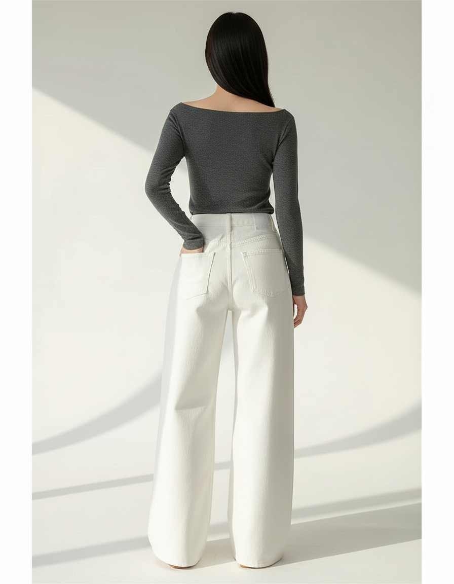 Pantalon Blanc Large Décontracté Taille Haute Femme - Jean - vue 2