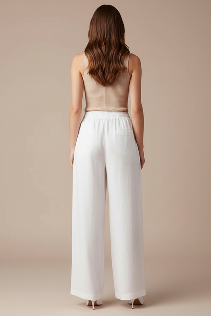 Pantalon Blanc Lin Coton Ample Fluide Décontracté - vue 2