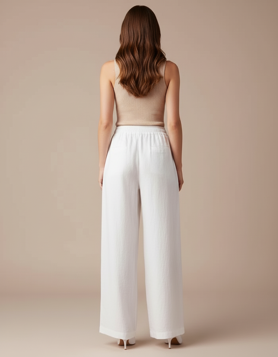 Pantalon Blanc Lin Coton Ample Fluide Décontracté - vue 2