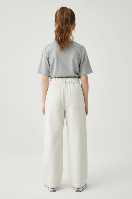 Pantalon Blanc Large Décontracté Enfant Coton - Beige Jean - vue 2