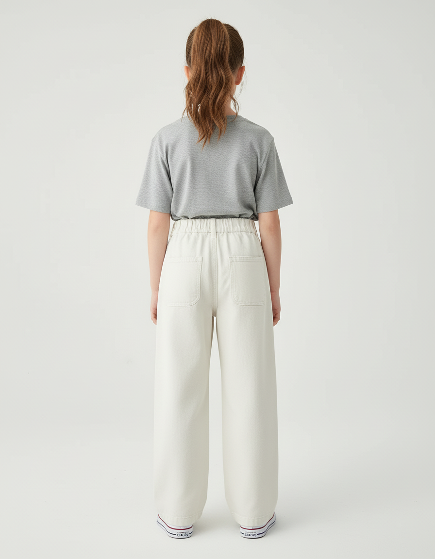 Pantalon Blanc Large Décontracté Enfant Coton - Beige Jean - vue 2
