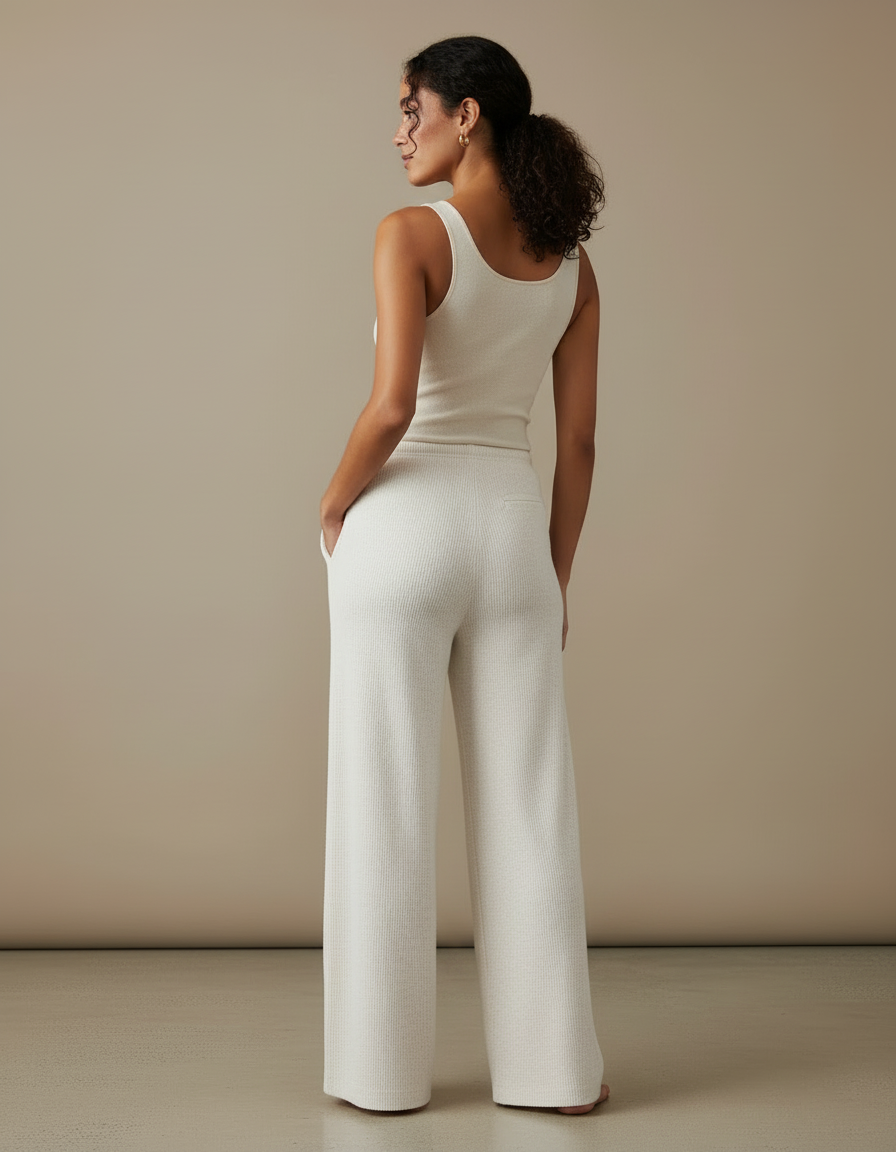 Pantalon Blanc Ample Tricoté Côtelé Décontracté Femme - Maille - vue 2