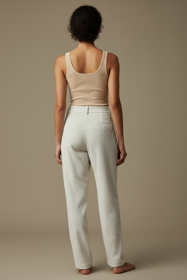 Pantalon Blanc Côtelé Droit Taille Haute Décontracté - Cordé - vue 2