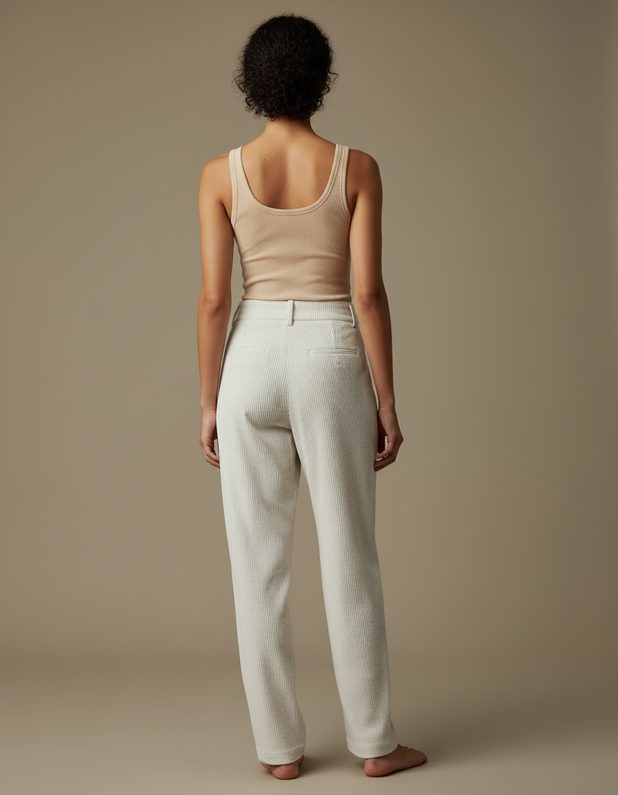 Pantalon Blanc Côtelé Droit Taille Haute Décontracté - Cordé - vue 2