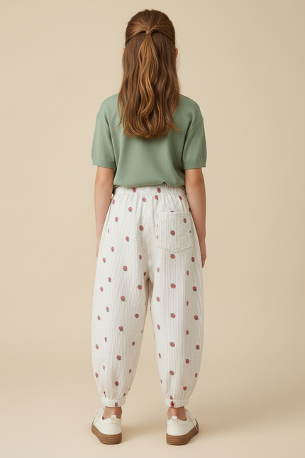Pantalon Blanc Côtelé Ample Fraises Fille - Cordé - vue 2