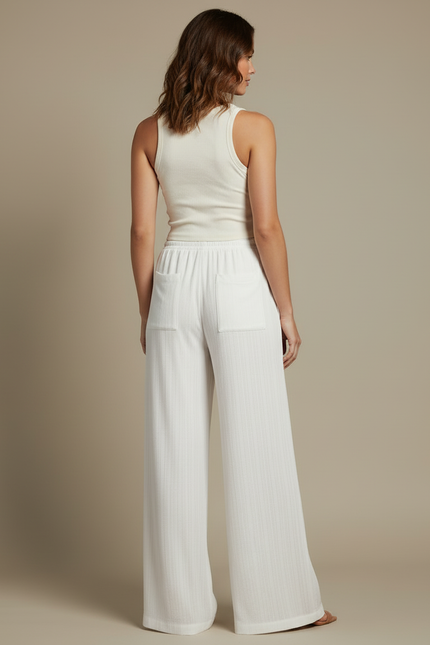 Pantalon Blanc Ample Fluide Décontracté Femme Cordon - Maille - vue 2