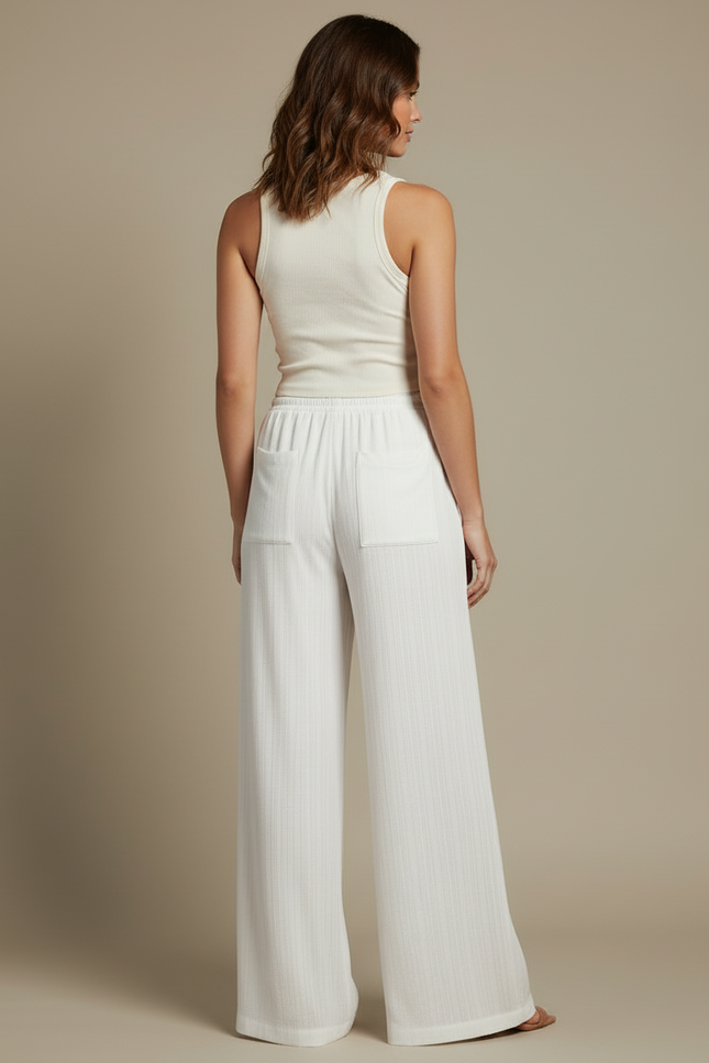 Pantalon Blanc Ample Fluide Décontracté Femme Cordon - Maille - vue 2