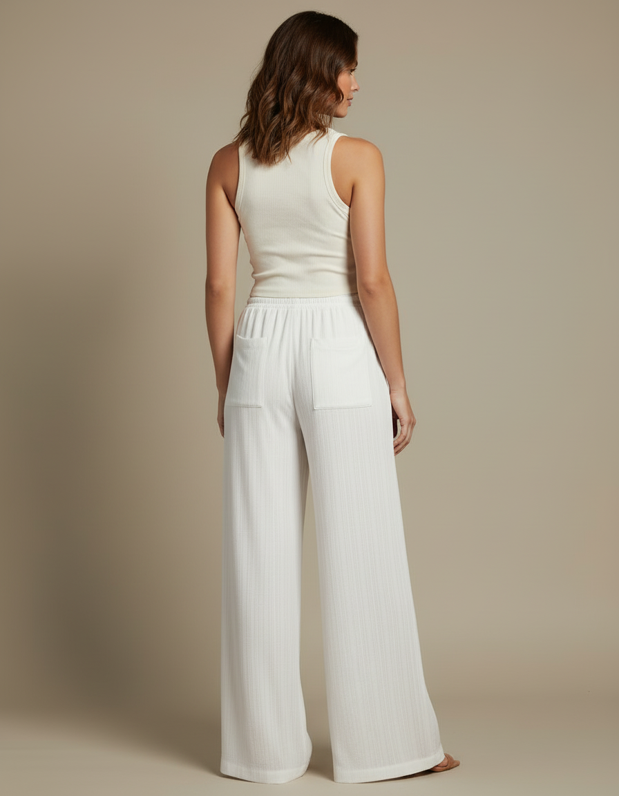Pantalon Blanc Ample Fluide Décontracté Femme Cordon - Maille - vue 2