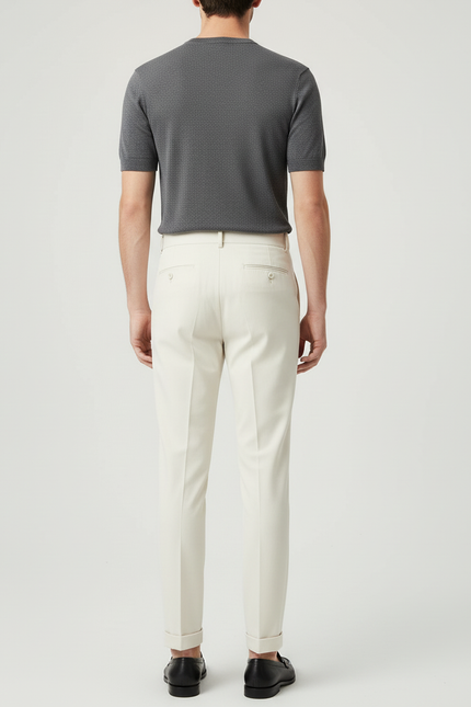 Pantalon Blanc Homme Plissé Taille Haute Élégant Décontracté - Beige Gabardine - vue 2