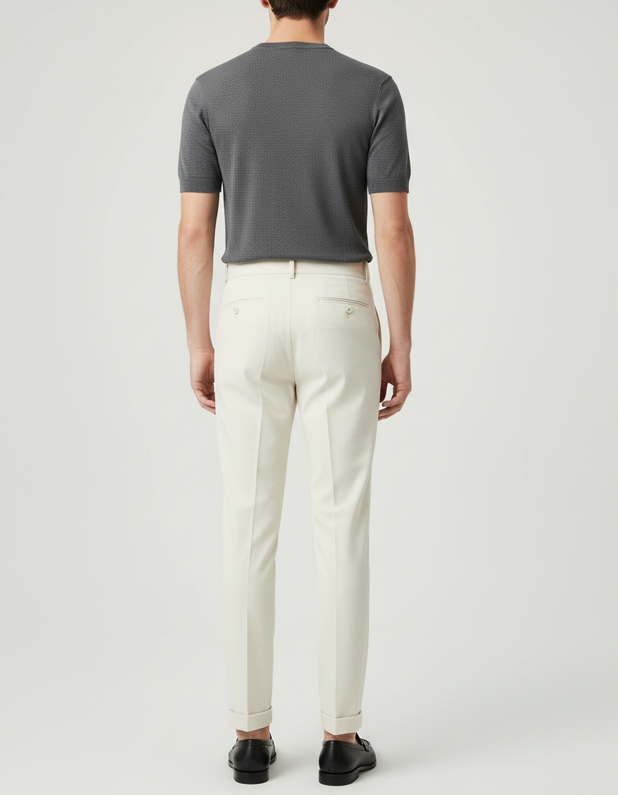 Pantalon Blanc Homme Plissé Taille Haute Élégant Décontracté - Beige Gabardine - vue 2