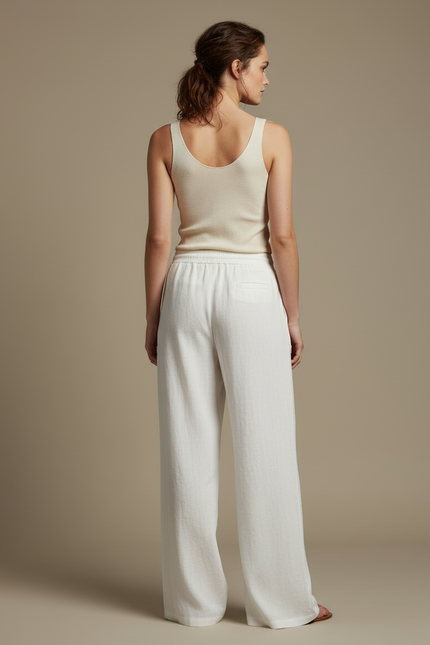 Pantalon Blanc Lin Ample Cordon Décontracté Femme - vue 2