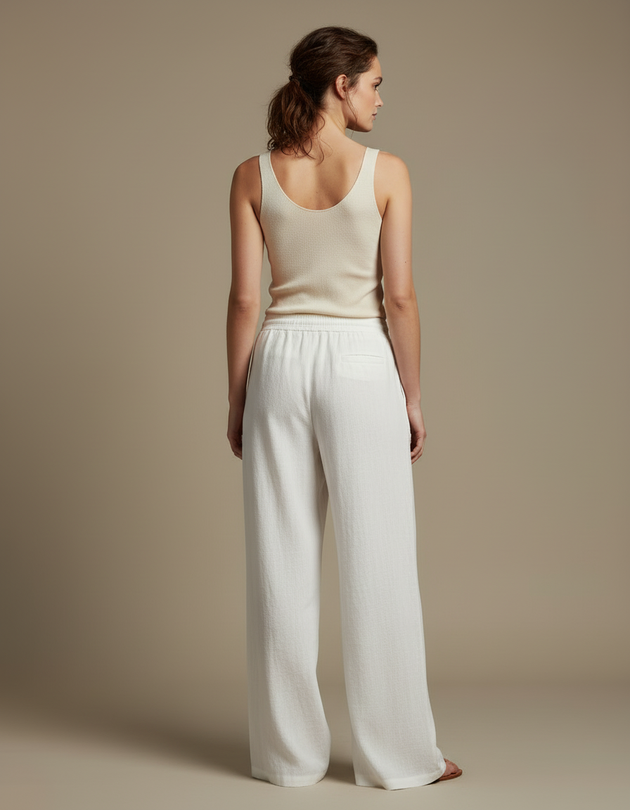 Pantalon Blanc Lin Ample Cordon Décontracté Femme - vue 2
