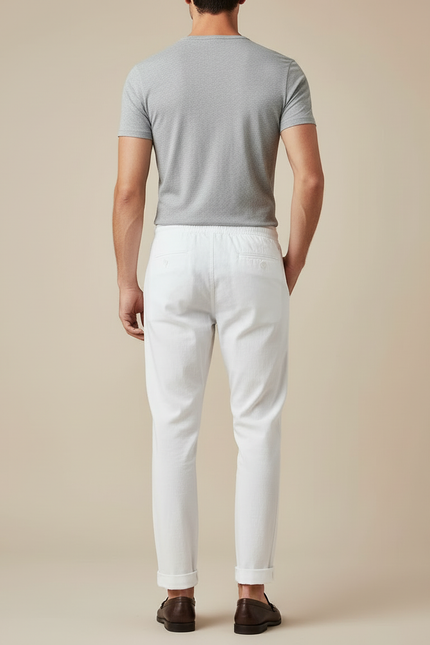 Pantalon Blanc Coton Décontracté Cordon Homme Coupe Droite - vue 2