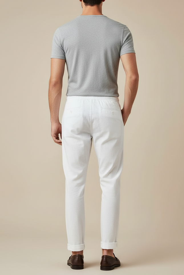 Pantalon Blanc Coton Décontracté Cordon Homme Coupe Droite - vue 2